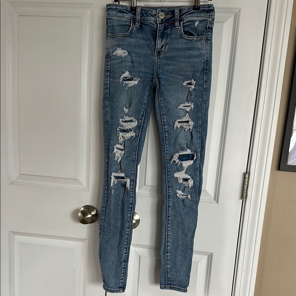 American Eagle Outfitters Blue Jeggings with Distressed Details